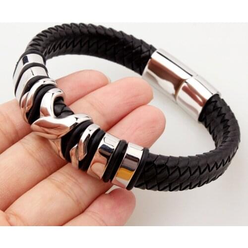 12mm Wholesale Hotsale 316L Stainless SteelSilver Male Jewelry Black Braided Leather Wristband Mens Womens Bracelet Bangle 8.66"