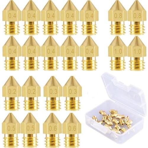 22 Pieces 3D Printer MK8 Nozzle 0.2mm, 0.3mm, 0.4mm, 0.5mm, 0.6mm, 0.8mm, 1.0mm Extruder Print Head with Free Box for CR-10