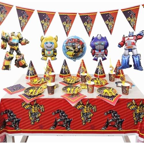 Bumblebee Optimus Prime Transformation Party Paper Cup Plate Banner Baby Shower Balloons Kids Birthday Party Decoration Supplies