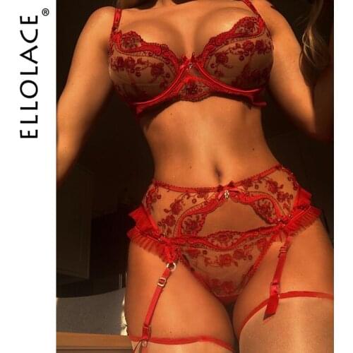 Ellolace Sexy Lingerie Fancy Beautiful Underwear Floral Embroidery Underwire Bra Transparent Exotic Sets Garter Lace Briefs Set