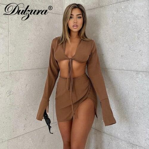 Dulzura 2021 Autumn Winter Women Brown 2 Pieces Lace Up Turn Down Collar Long Sleeve V Neck Crop Top Mini Skirt Set Party Club