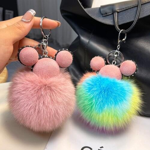 Cute Tiny Mickey Keychain Women Real Fox Fur Lively Cartoons Mouse Key Ring Bag Ornament Car Key Charm Emo Toys Jewelry Gift