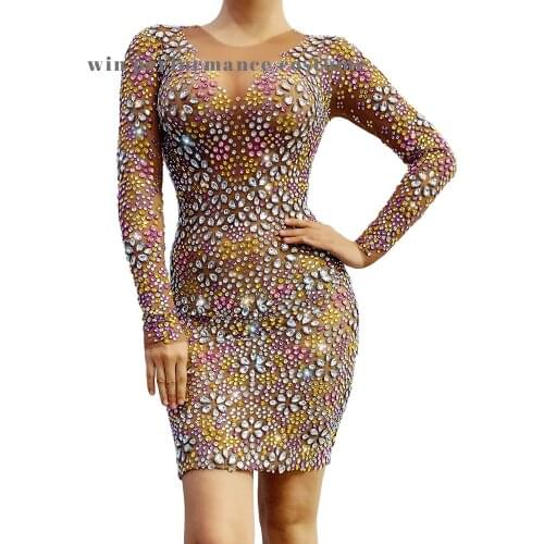 Multicolor Full Rhinestone Mesh Fleshcolor Sexy Elastic Long-sleeved Dress Pole Performance Costumes Women Evening Stage Dresses