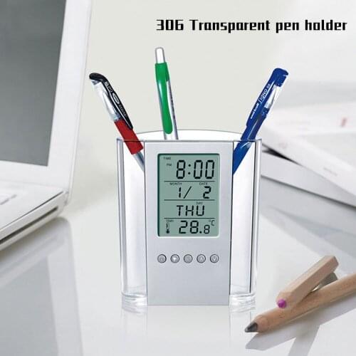 Multifunctional Electronic Timepiece Pen Holder Perpetual Calendar Pen Holder Large Screen Acrylic Transparent Pen Holder Plasti