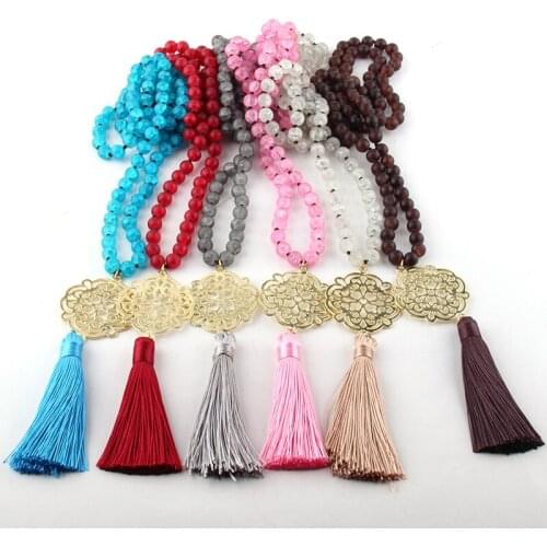 Fashion Bohemian Jewelry Popcorn Glass Long Knotted Metall Grid Link Tassel Pendant Necklaces