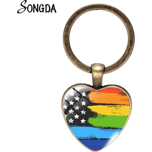 Fashion LGBT Rainbow Pride Flag Heart Keychain Bisexual Pride Glass Cabochon Key Chain For Women Man Gift Accessories Jewelry