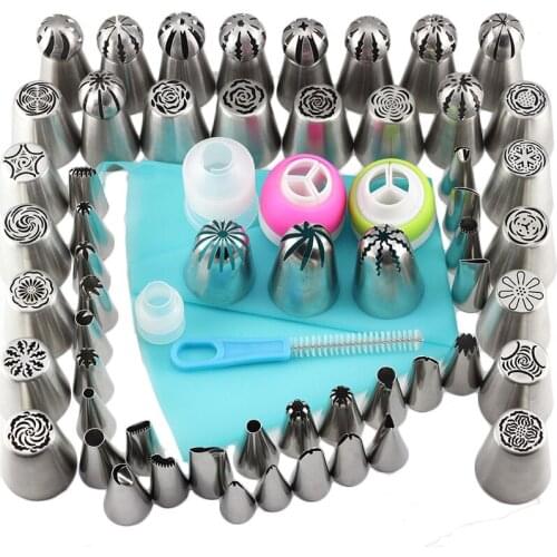 Mujiang 62Pcs/Set Russian Icing Piping Tips 1 Pcs Silicone Bag 4 Coupler Leaf Nozzles Brush Cupcake Cake Decorating DIY Dessert