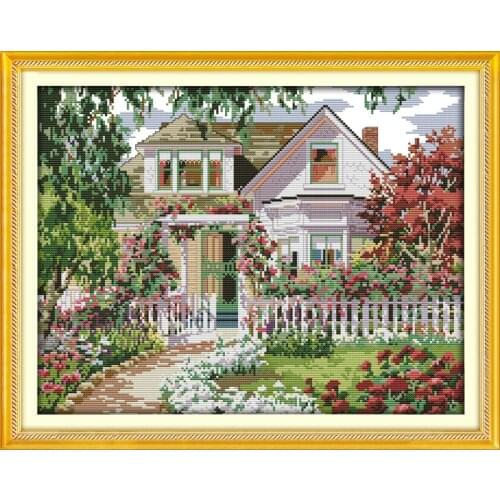 Garden Villa Scenery Counted Cross-Stitching 11CT Printed Handmade Cross Stitch Set Cross-stitch Kits Embroidery Needlework