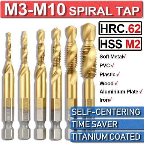 6Pcs M3-M10 M2 Titanium Plated HSS Screw Tap Drill Set 1/4'' Hex Shank Thread Metric Tap Drill Bits Screw Machine Compound Tap