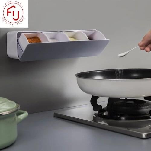 Wall Mount Spice Rack Organizer Sugar Bowl Salt Shaker Seasoning Container Spice Boxes With Spoons Kitchen Supplies Storage Set