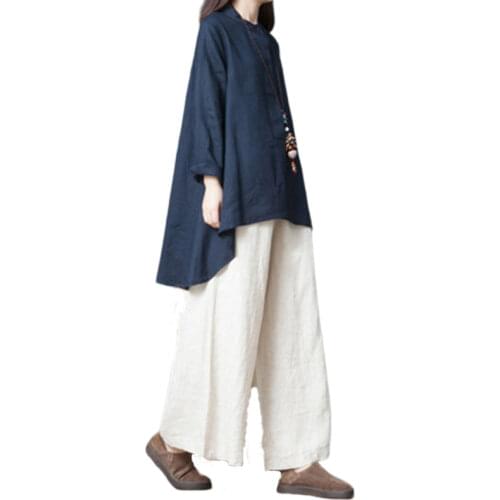 Summer New 2020 Vintage Women Pant Sets Solid Cotton Linen Long Shirts And Wide Leg Pants Female Pant Suits Top Quality
