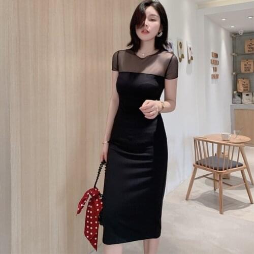New arrival fashion summer midi elasticity party club women OL temperament perspective mesh patchwork holiday bodycon dress