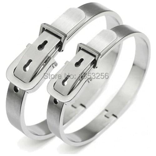 One pair of Couple Stainless Steel Belt Buckle design Hand cuff Bangle Bracelet Women Men Lovers Jewelry Gifts