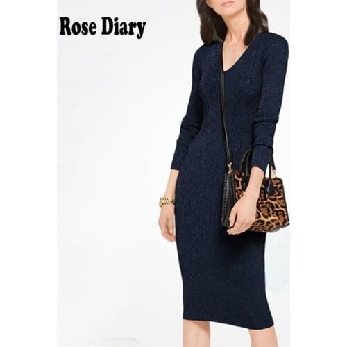 RoseDiary autumn elegant slim pure sweater dress elegant knit bodycon dress women loose long dress Female knit dress