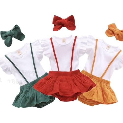 0-24M Cute Newborn Baby Girl Clothes Sets Short Sleeve Cotton T-shirt Tops Suspender Shorts Headband 3PCS Baby Clothing Set