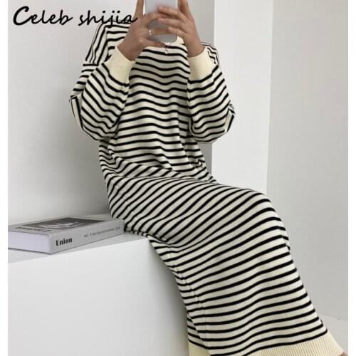 Striped Wool Maxi Dress Woman Autumn 2021 O-Neck Loose Knitted Bodycon Dress Korean Long Sweater Winter Woman Clothing Black