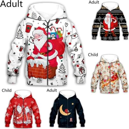 Aduit 3D printed Christmas zipper sweater child cartoon Santa Claus hooded cardigan ugly men and women Christmas sweater