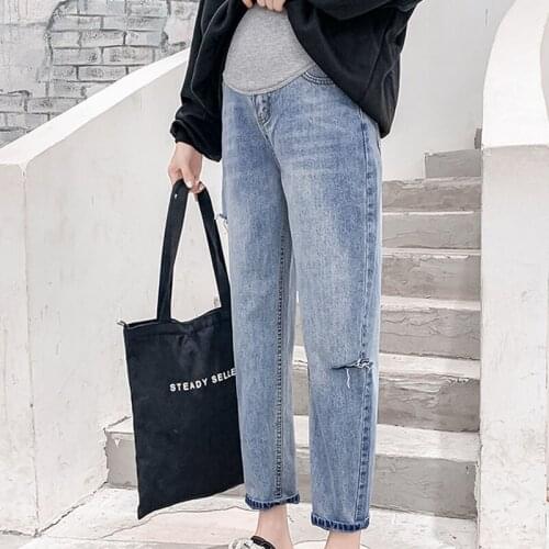 Hole Ripped Loose Straight Denim Maternity Jeans Belly Pants Clothes for Pregnant Women Pregnancy Casual Work Trousers 2021 New