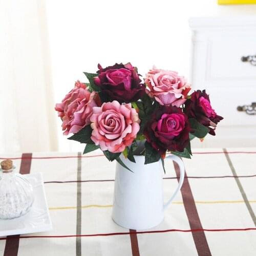 9CM Silk tea roses Bride bouquet for Christmas home wedding new Year decoration fake plants artificial flowers bush decorative