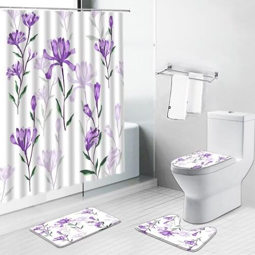 Purple Flower Shower Curtains Bath Mat Non-slip Rug Watercolor Floral Carpet Bathtub Toilet Screen Bathroom Decor Set With Hooks