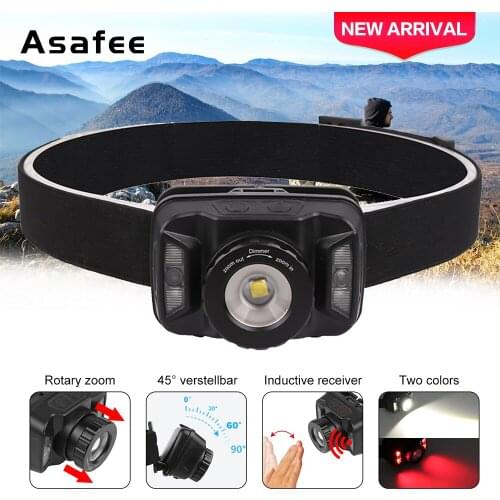 Asafee Zooomable LED Headlamp Head Flashlight IR Sensor Headlamp 6 Modes Camping Torch Light Built-in battery Head Lamp