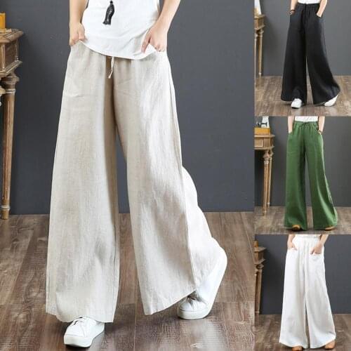 50%HOT Casual Women Solid Color Wide Leg Pants High Waist Pockets Loose Long Trousers