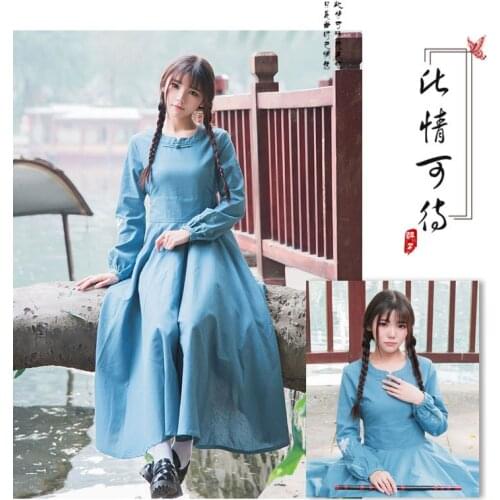 Old Friend Vintage Womens Orchid Embroidery Winter Linen Big Hem Long Dress Chinese Style Lake Blue Long Sleeve One Piece