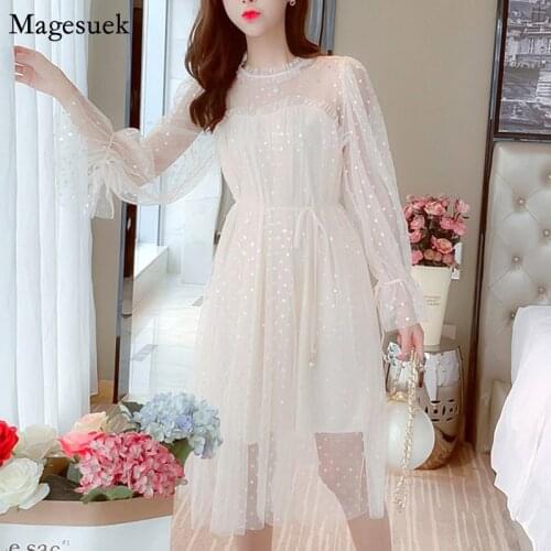2021 Autumn Long Sleeve Mesh Dress Women Loose Voile Nightclub Bodycon Party Dress Polka Dot Elegant Women Dresses Vestido 12027