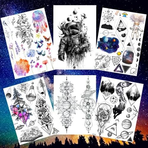 25 Style Astronaut Temporary Tattoo Sticker Cosmos Universe Waterproof Fake Flash Tattoo Stickers Outer Space Men Women Body Art