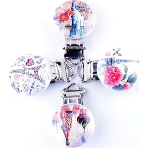 5PCs Baby Pacifier Clips Mixed Pattern White Wood Metal Holders Cute Infant Soother Clasps Funny Accessories 4.4cm x2.9cm