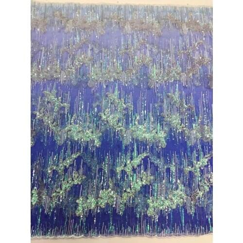 5yards/pc) Shining sequins embroidered French net lace gradient royal blue African tulle lace fabric for party dress FZX119