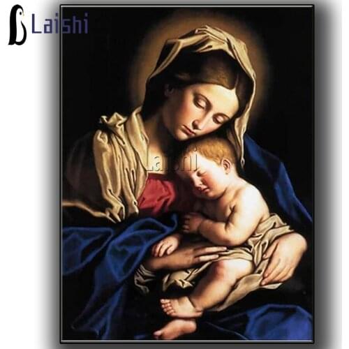Diamond drawing 5D Virgin Mary and Holy infant full round square diamond mosaic DIY living room bedroom decoration painting