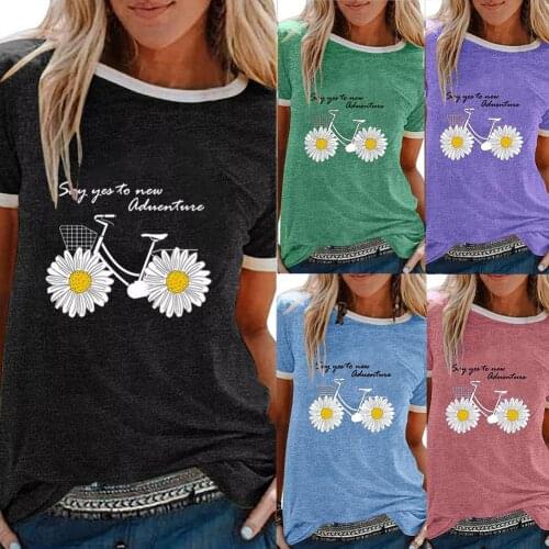 Plus Size Women Blouse Casual O Neck Short Sleeve Bike Marguerite Print Loose T-shirt Blouse Top girl clothing fashion female