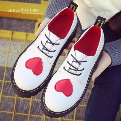British style heart pattern brogue shoes woman black/white leather oxford derby shoes lace up platform creeper shoes woman