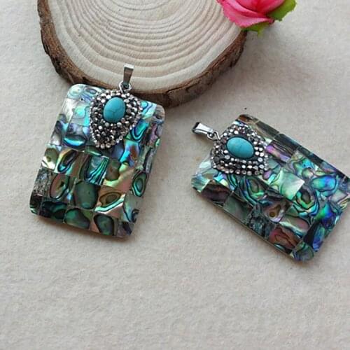 5Pcs Paved Crystal stone Beads Natural rectangle Abalone Shell Pendant for DIY Charms Necklace Jewelry Making PD42