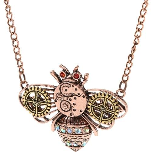 Retro Steampunk Gear Bee Pendant Chain Necklace Vintage Jewelry Antique Copper