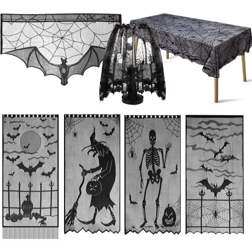 Black Lace Witch Bat Skull Spider Web Tablecloth Table Lamp Fireplace Cover Decoration Halloween Window Door Curtain Home Decor