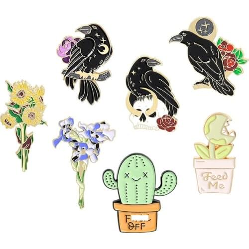 Black crow birds skull Enamel Brooch Sunflower Iris Bouquet Lapel Pin Cactus succulent Potted plant flowers Custom Badge