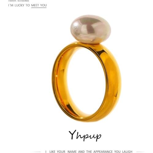 Yhpup Elegant Shell Pearl Ring Fashion Gold Stainless Steel Metal 18 K Geometric Ring Jewelry for Women Engagement Ring 2021