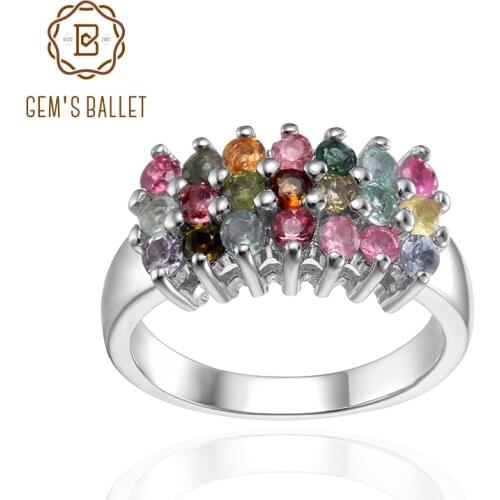 GEMS BALLET 2021 NEW Luxury Natural Tourmaline Ring For Women Jewelry 925 Sterling Silver 3 Rows Gemstone Band Rings