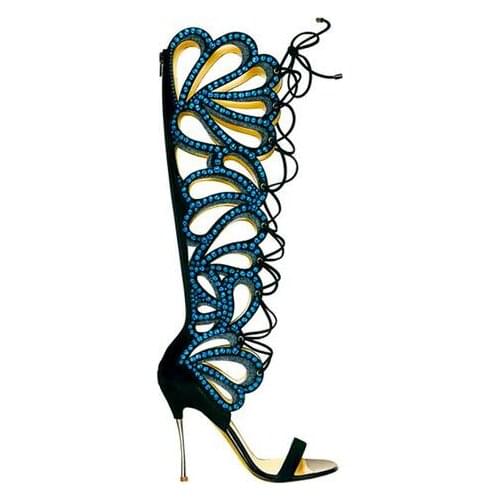 Hot Sale Summer Butterfly Cut-Outs Lace-Up High Heel Knee High Sandals Black Pink Tight High Gladiator Sandals Boots Women