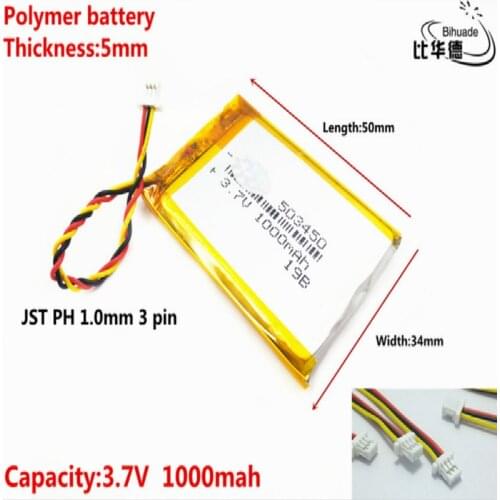 JST PH 1.0mm 3 pin Good Qulity 3.7V,1000mAH 503450 Polymer lithium ion / Li-ion battery for tablet pc BANK,GPS,mp3,mp4