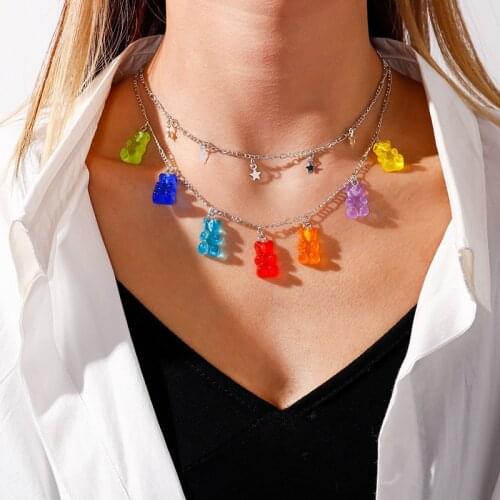 Fashion Women Candy Color Gummy Mini Bear Necklace Girls Transparent Jelly Double Cross Heart Colorful Jewelry Neckchain