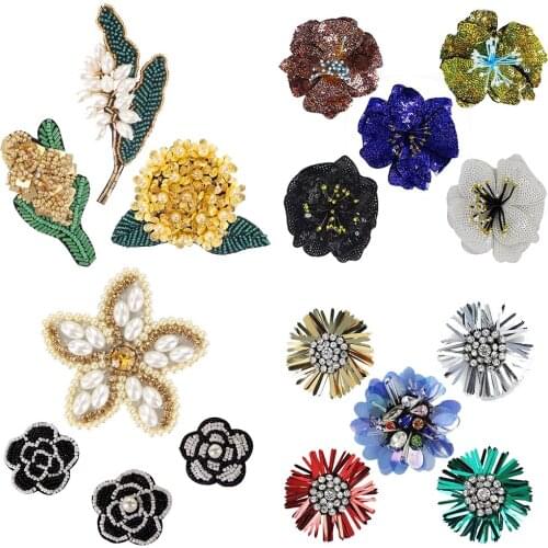 Rhinestone Star Diamond Beaded Sequin Flower Patches for Clothing Blouse Bags Earring Decals Sew on Applique DIY Craft TH1863
