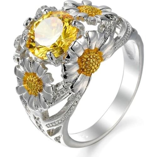 Newest AAA CZ Stone Ring Jewelry Bague Femme Yellow Color Cute Sunflower Gold Crystal Wedding Rings For Women Fashion Party Gift