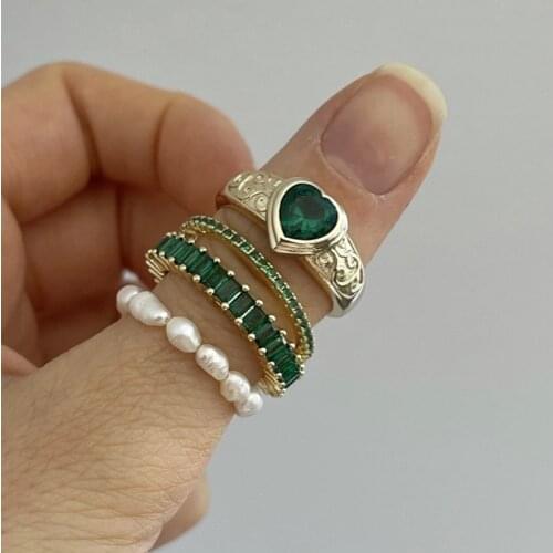 New Ins Stainless Steel 18K Gold Plated Zircon Ring Vintage Multicolor Heart Rings For Women Girls Fashion Jewelry Gift