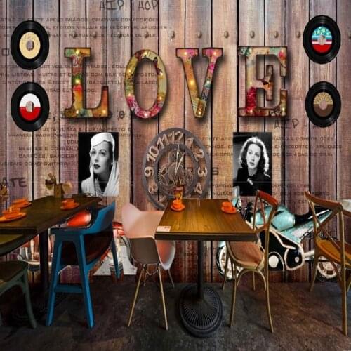 Drop Shipping Custom 3d Wallpaper Retro LOVE Wooden Slides Rock Band Mural Bar Theme Restaurant Entertainment Studio Wallpaper