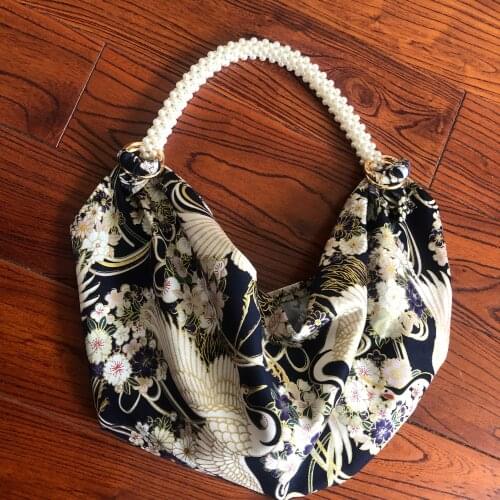 Handle PU furoshiki cloth package japanese style earth friendly recycle strap bag handmade pearls beads shoulder belt