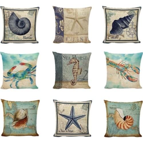 Retro Mediterranean Style Cushion Cover Aquatic Creatures Seahorse Map Linen Throw Pillow Case 45x45cm Home Decorative Pillowcas