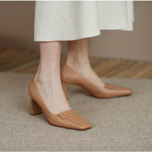 Shoes Woman Pumps High Heels Designer Spring Genuine Leather Basic Party Square Toe Square Heel Slip-On Zapatos Rojos Mujer